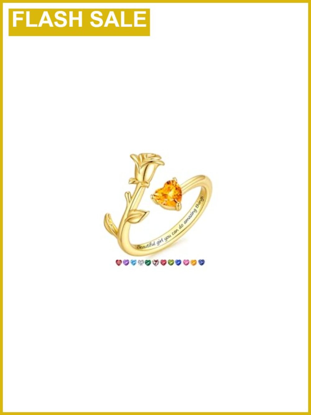 14K Gold Plated Heart Birthstone Adjustable Open Ring Waterproof